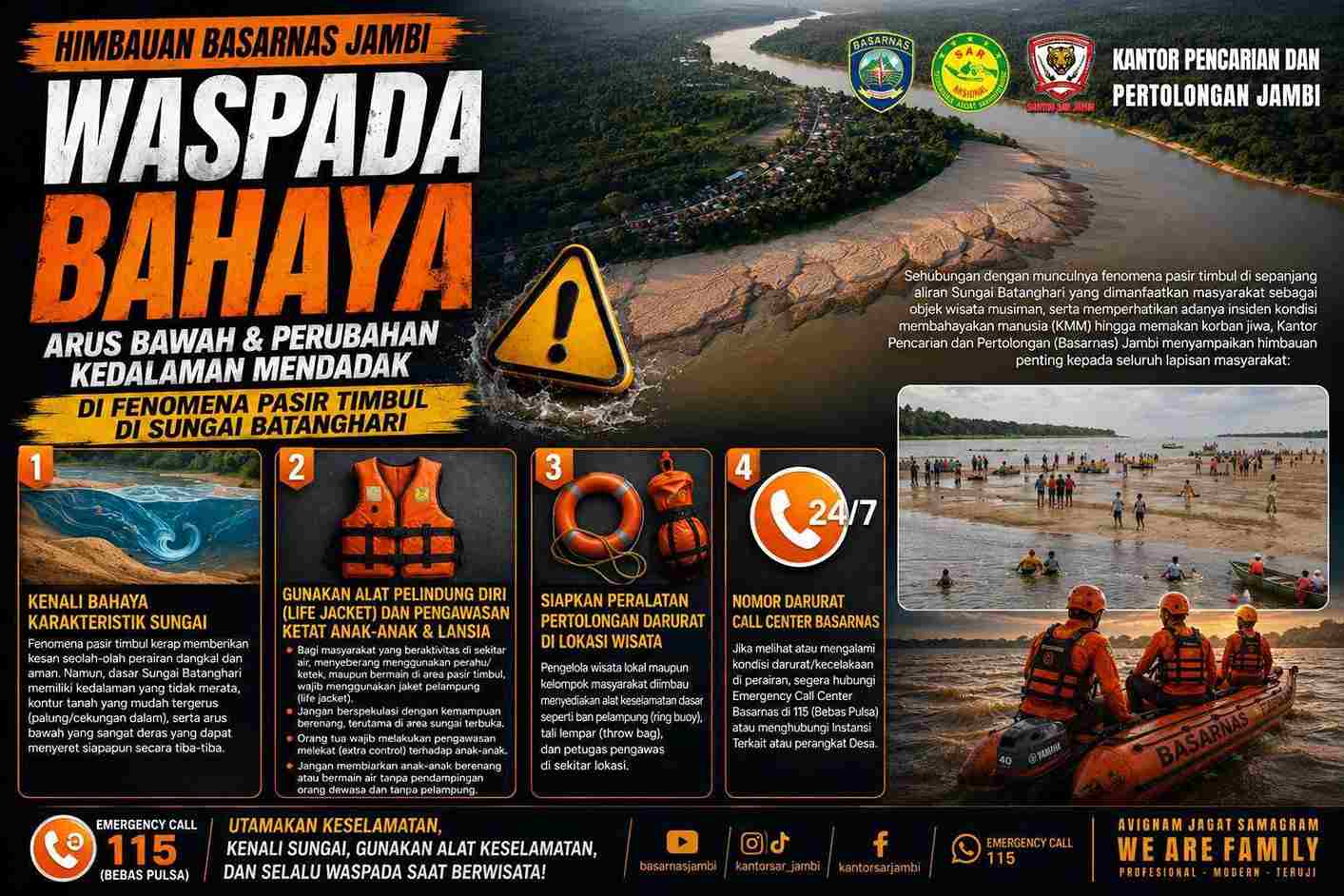 Basarnas Jambi Ingatkan Bahaya Arus Bawah dan Perubahan Kedalaman di Pasir Timbul Sungai Batanghari